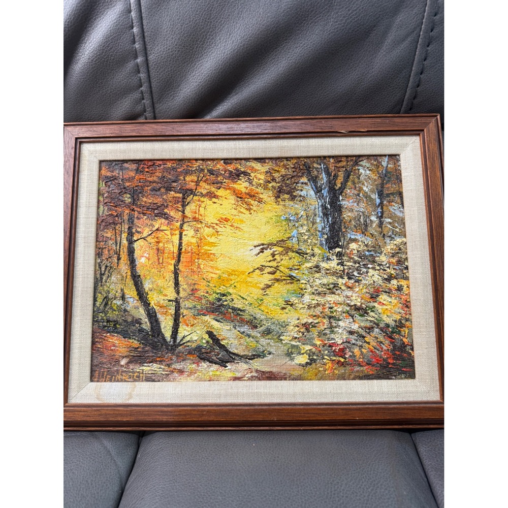 Heinrich Signed Autumn Forest Landscape Oil Painting Impasto Wood Frame 14x11